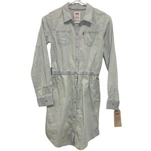 Girl’s Button Up Long Sleeve Dress Distressed Denim Look - Levi’s Blue Size L